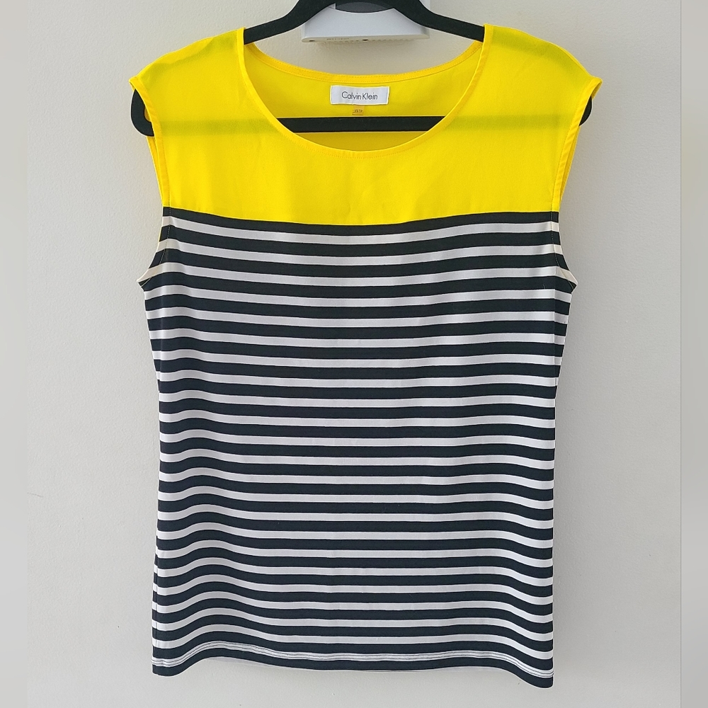 Calvin Klein Yellow and Black & White Striped Cap Sleeve Tee